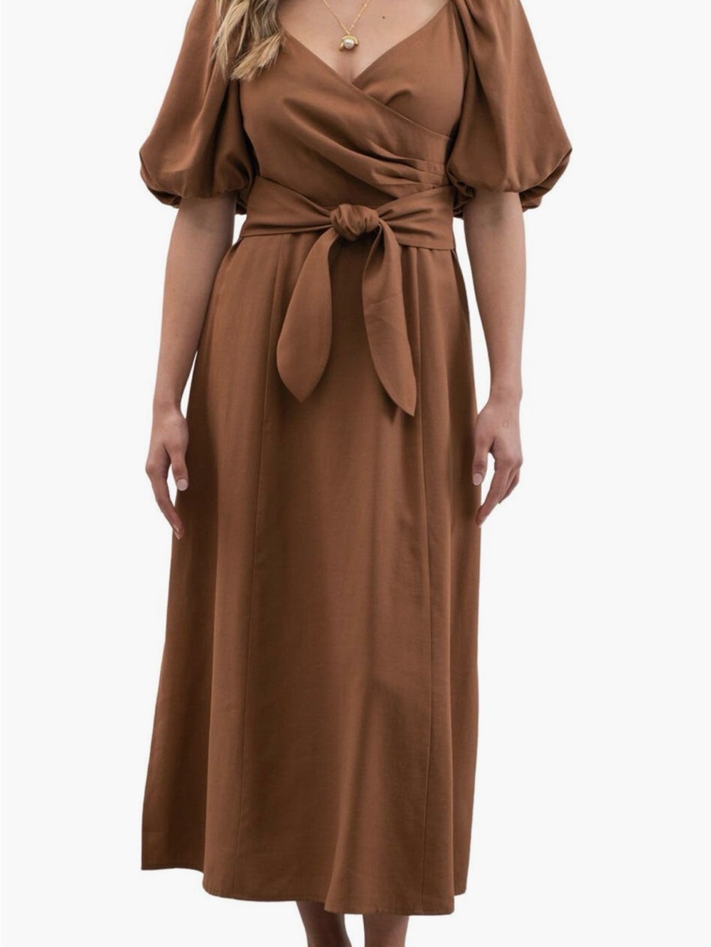 Tie-Waist Puff Sleeve Midi Dress in Brown